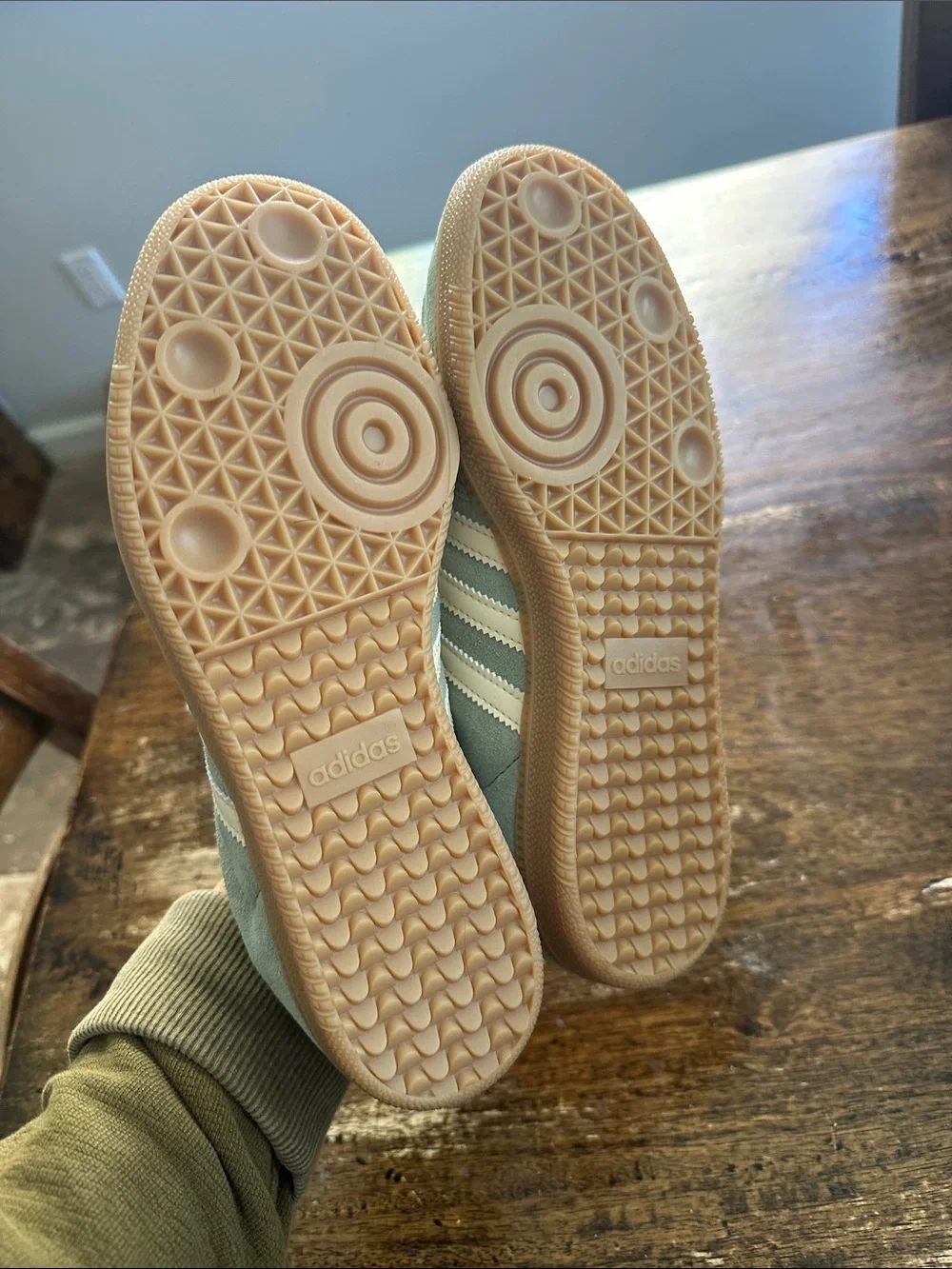 Unisex adidas Samba Suede Sneakers in Sage Green and White with Gum Sole